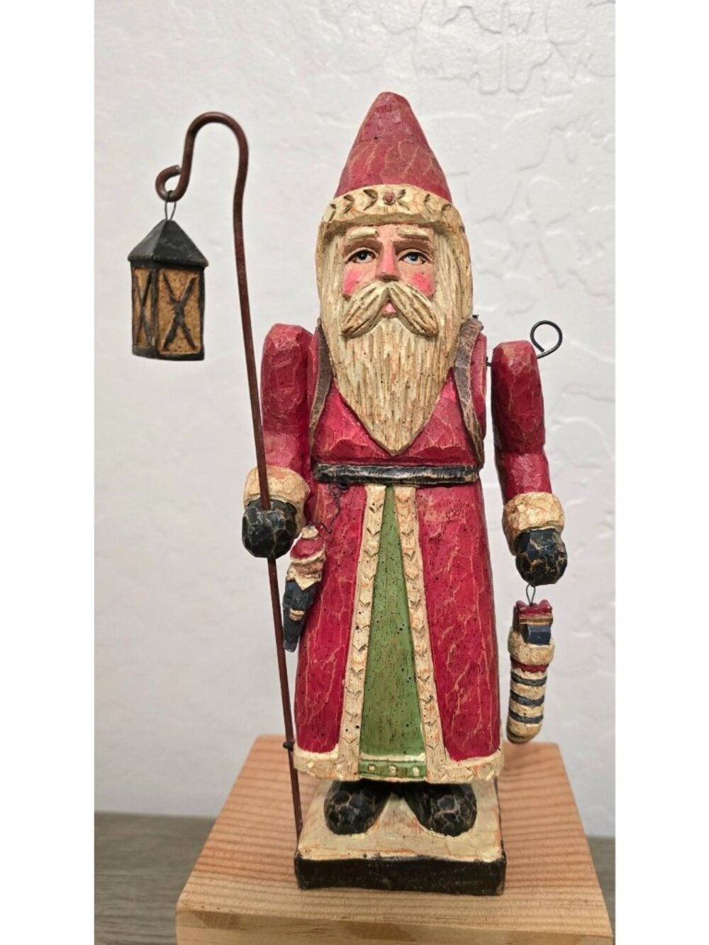 Wooden Santa Figurine With Lantern Gift Bag Jointed Arm Christmas Rustic 9.5"